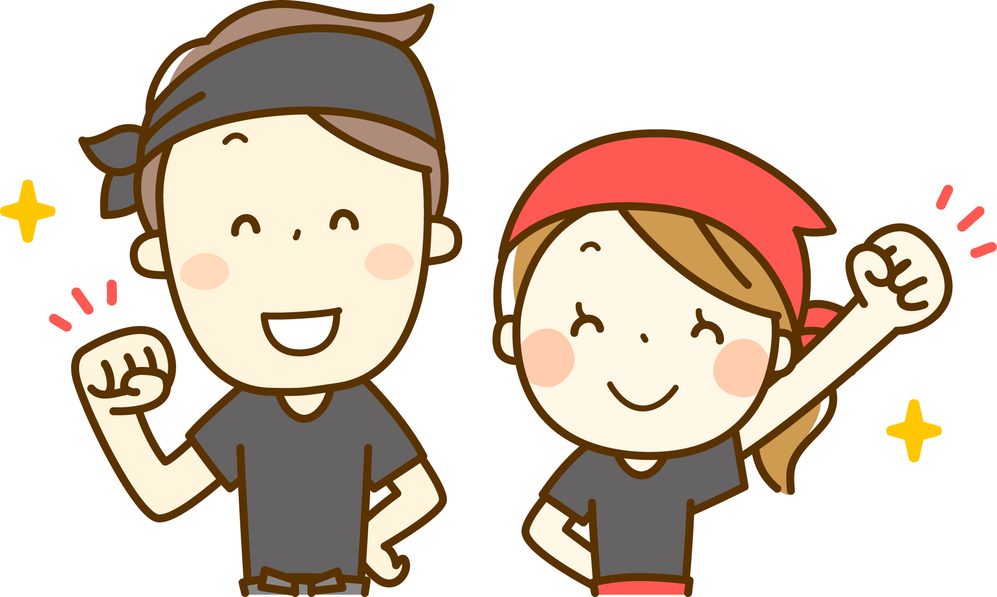 黒と赤のバンダナをつけた男女のスタッフが笑顔でガッツポーズをしているイラスト