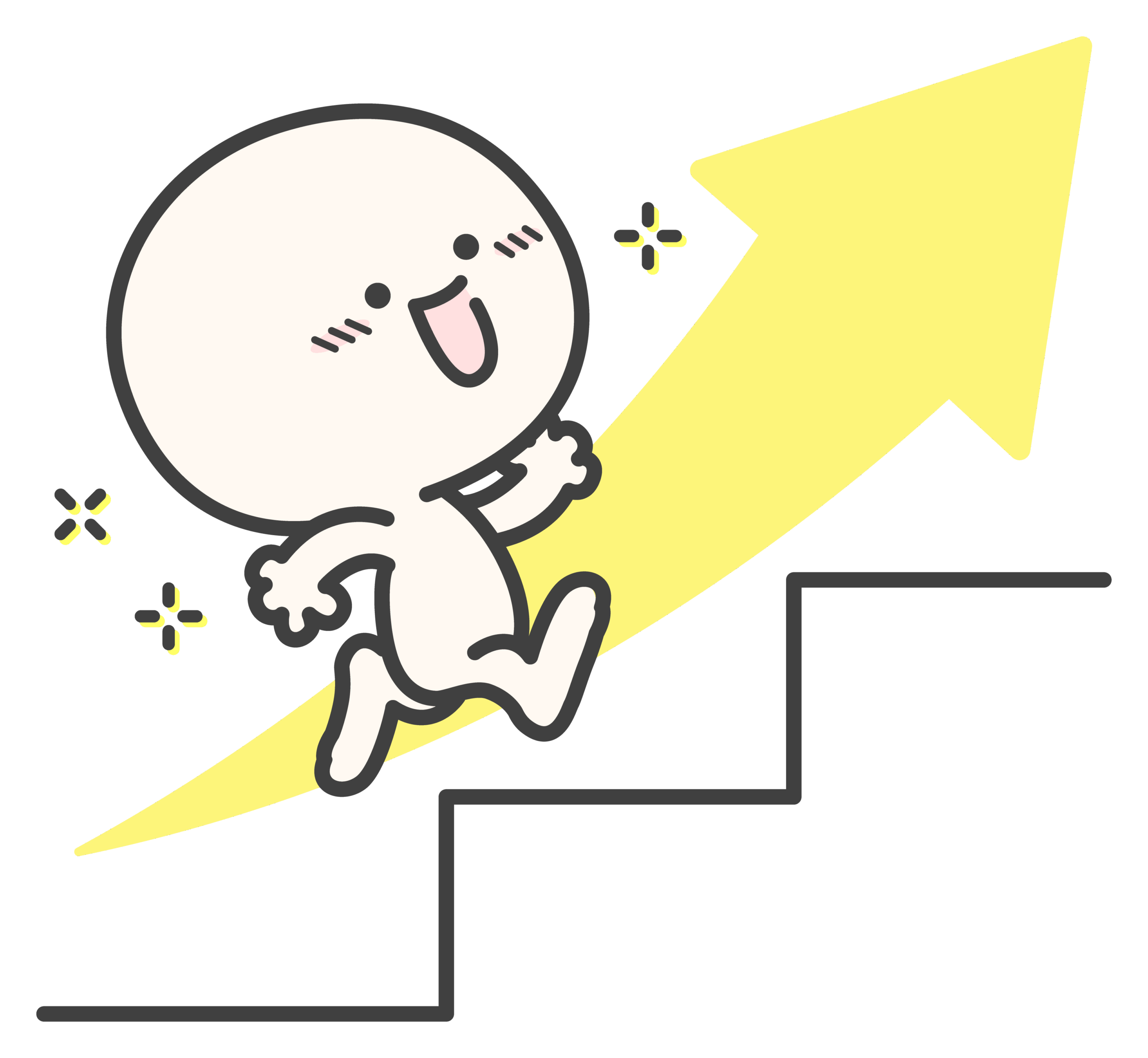 黄色の上向き矢印と階段を元気に駆け上がるキャラクターのイラスト