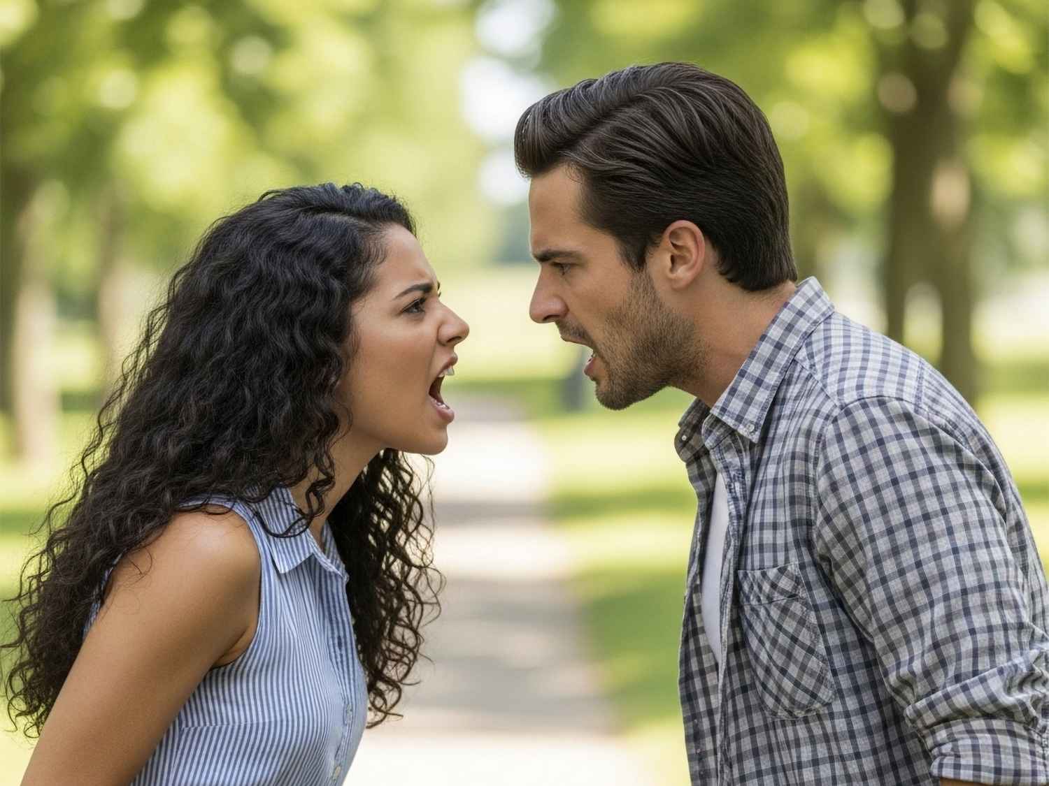 公園で口論する若いカップルが感情的に互いに叫んでいる様子