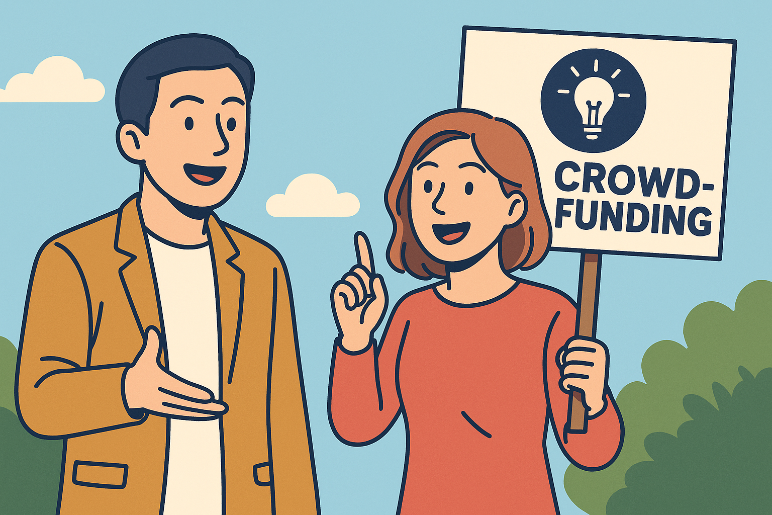 クラウドファンディングの看板を持って会話する男女のイラスト