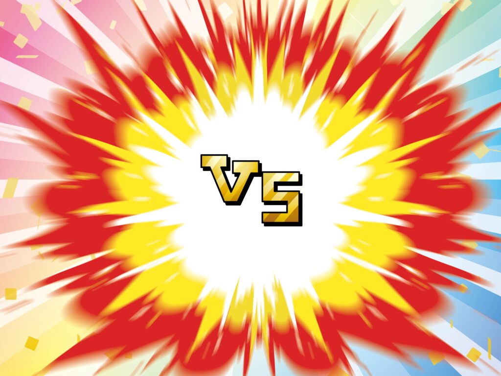 爆発風の背景に「VS」の文字が中央に配置された対決イメージのイラスト