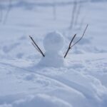 雪の上に作られた小さな雪だるまと木の枝の腕