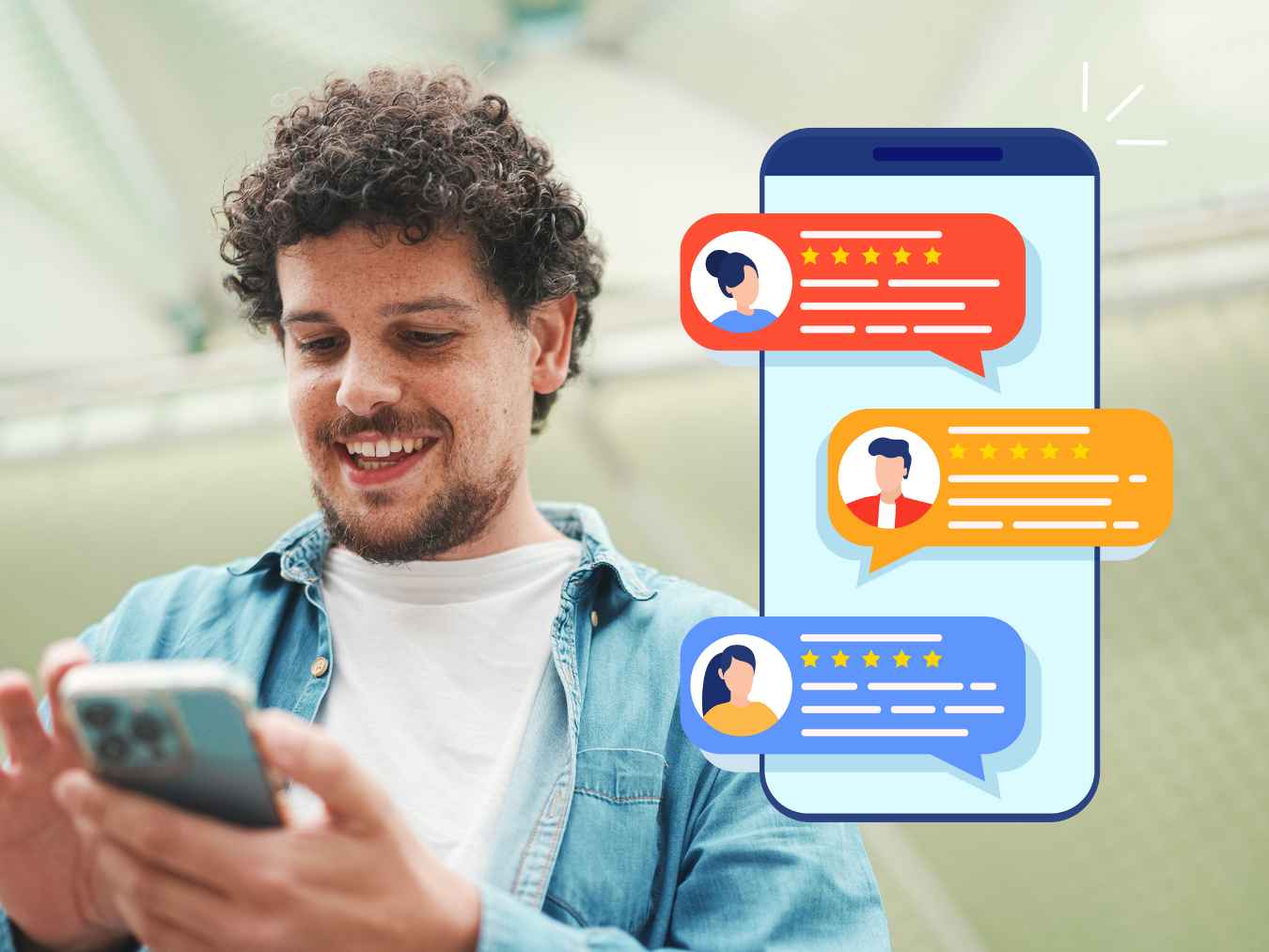 スマートフォンでクチコミを確認する男性とレビュー評価のイラスト