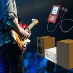 ライブでギターを演奏する人物とオーディオ機器や音楽プレーヤーのイラスト