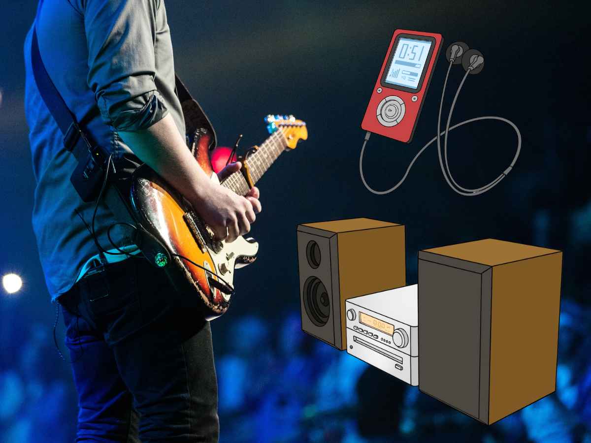 ライブでギターを演奏する人物とオーディオ機器や音楽プレーヤーのイラスト