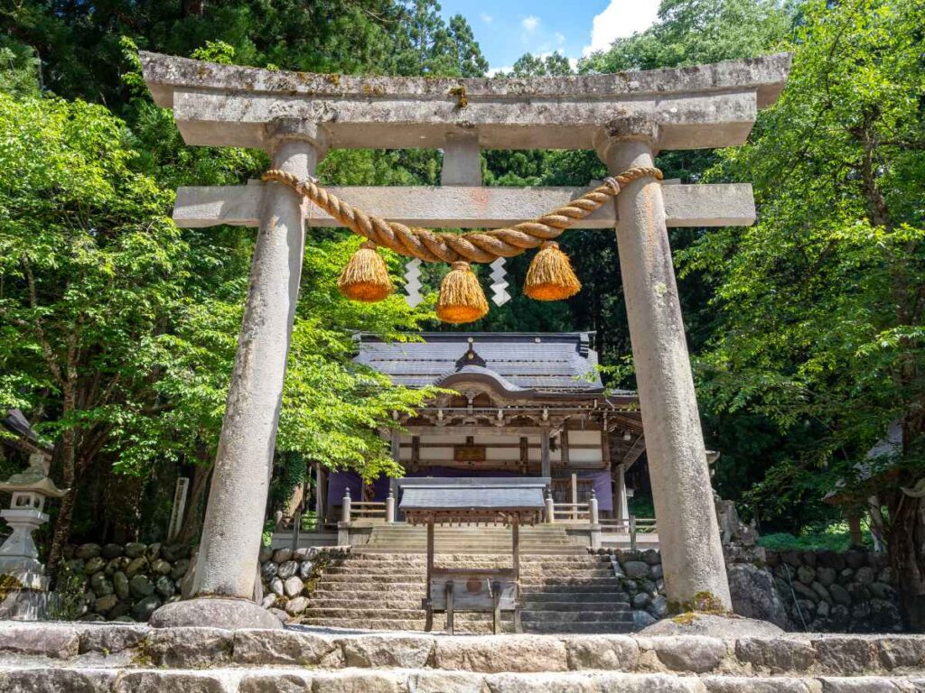 神社の鳥居と拝殿を正面から望む風景