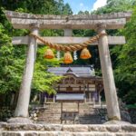 神社の鳥居と拝殿を正面から望む風景