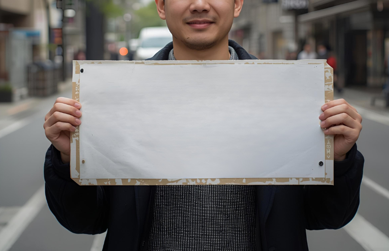 通りで白いボードを手に持つ男性