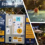 下北沢の「CORONA WINTER SAUNA」でサウナ案内板と水着混浴型の屋外プールエリアを写した写真
