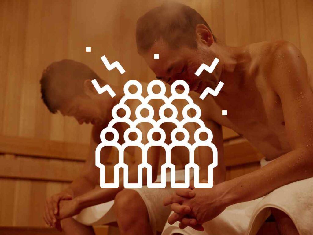 サウナ室で汗を流す男性たちと混雑状況を示すアイコン