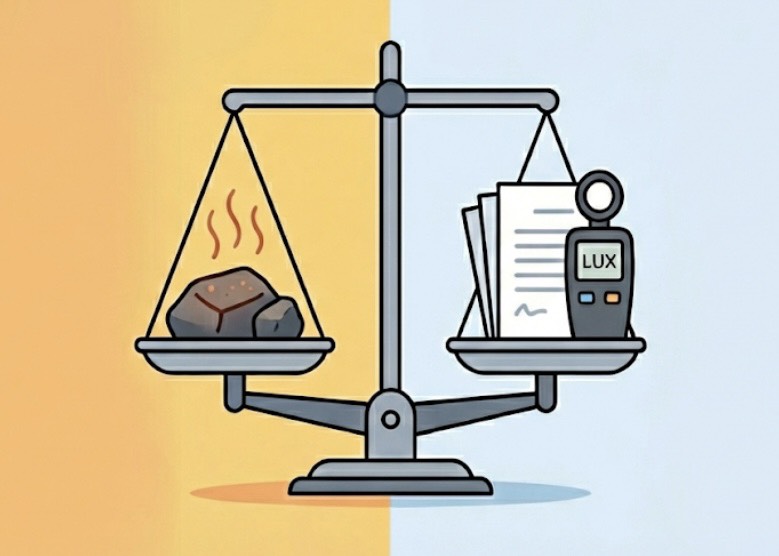 サウナの体感と保健所基準を象徴する天秤に置かれた熱い石とルクス計と書類