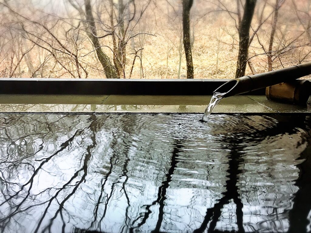 竹筒から湯が注がれる露天風呂と冬枯れの木々の景色を映す温泉水面