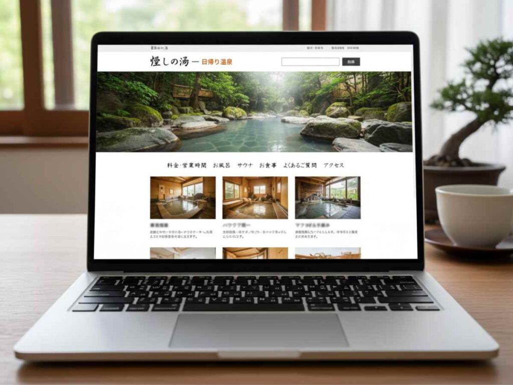 パソコン画面に表示された温浴施設のホームページを室内テーブル上で閲覧している様子