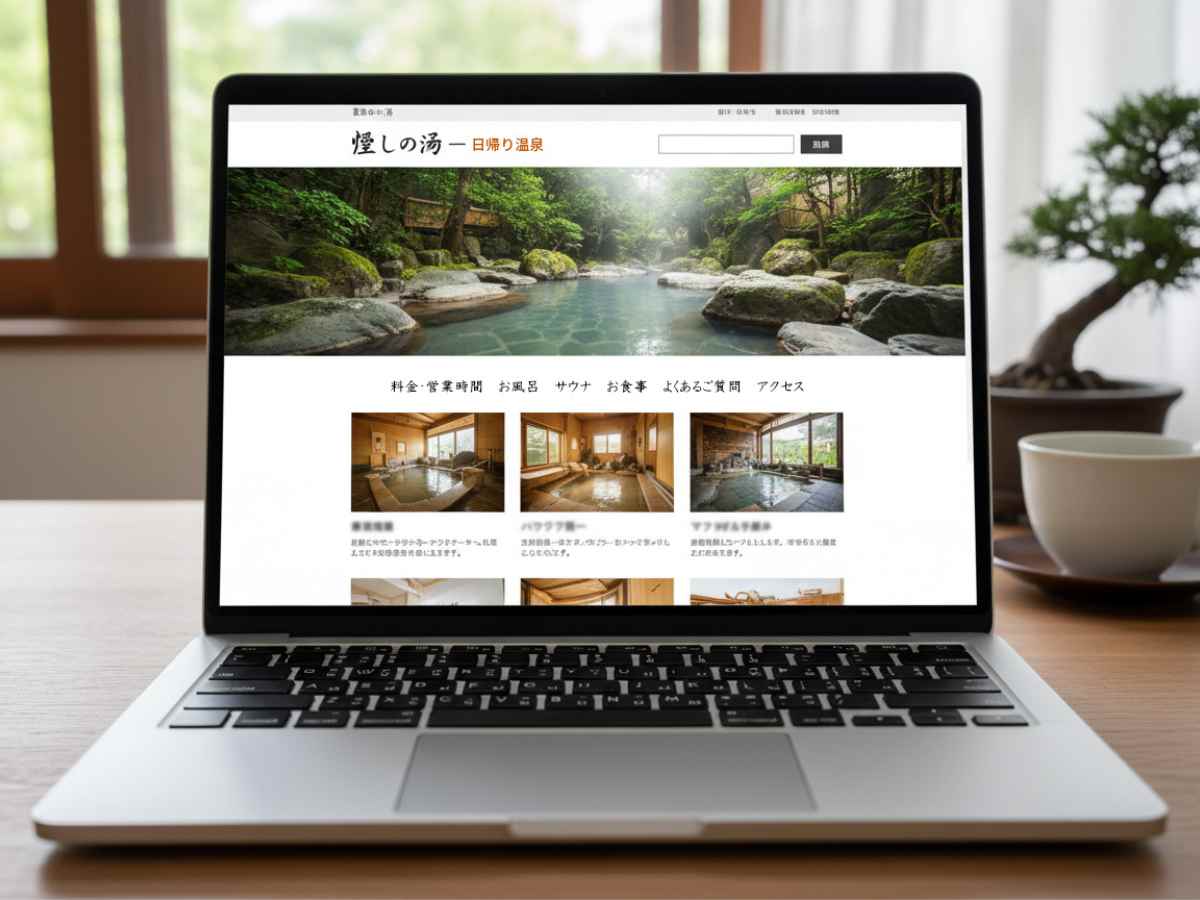 パソコン画面に表示された温浴施設のホームページを室内テーブル上で閲覧している様子