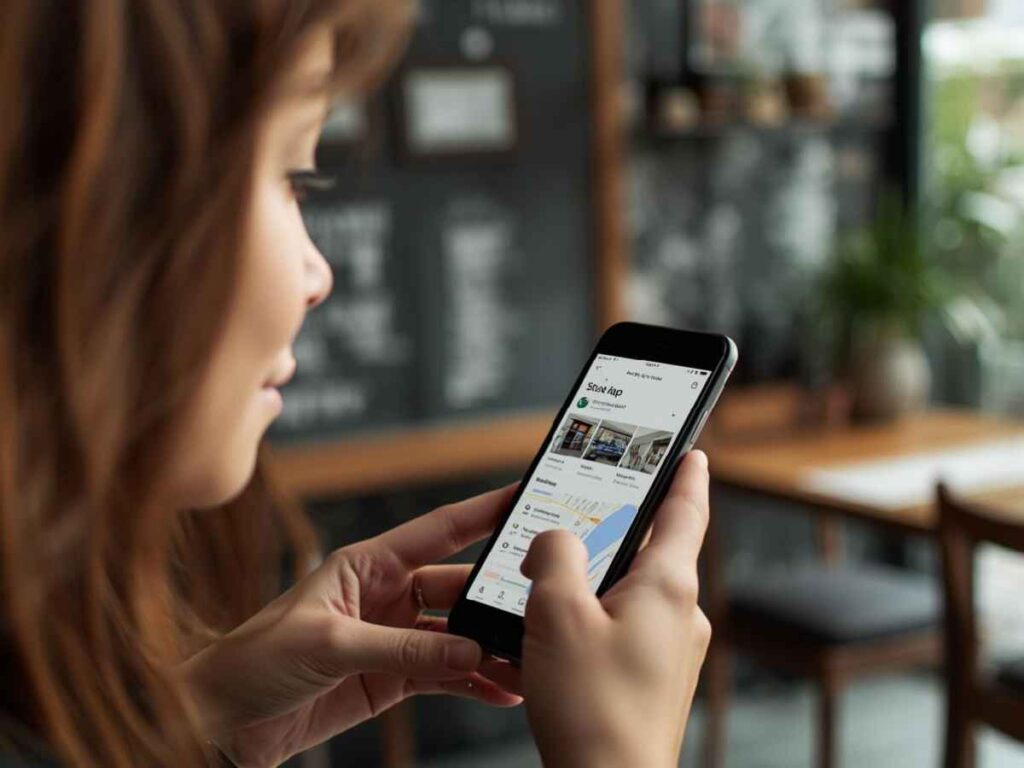 スマートフォンでGoogleマップを開き、店舗情報と地図を確認している利用者の手元の様子。