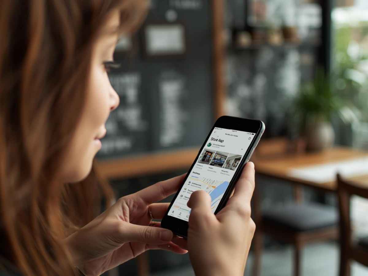 スマートフォンでGoogleマップを開き、店舗情報と地図を確認している利用者の手元の様子。