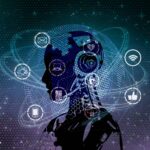 デジタルネットワークとアイコンに囲まれた人の横顔をAI技術の概念として表現したイメージ。