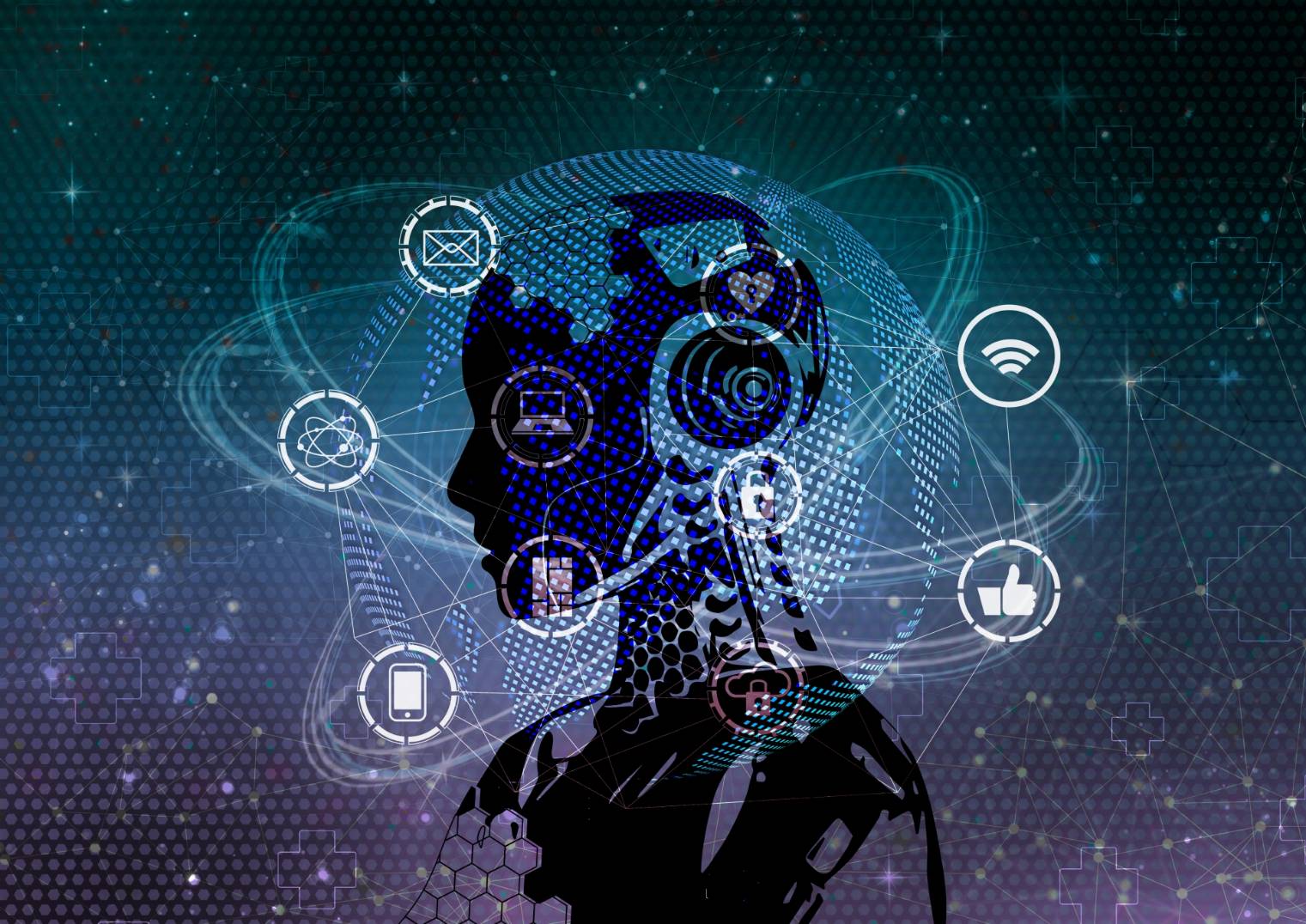 デジタルネットワークとアイコンに囲まれた人の横顔をAI技術の概念として表現したイメージ。