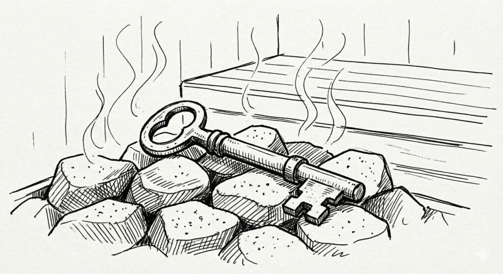 サウナストーブの上にサウナストーンと金属製の鍵が置かれている様子。