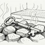 サウナストーブの上にサウナストーンと金属製の鍵が置かれている様子。