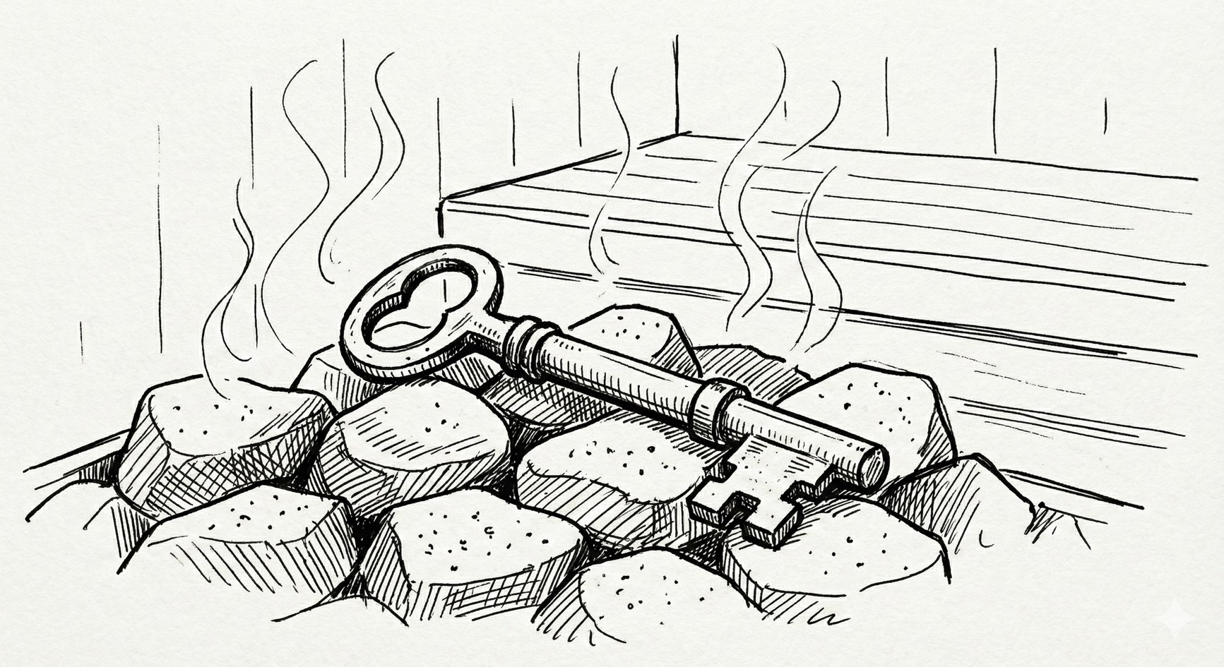 サウナストーブの上にサウナストーンと金属製の鍵が置かれている様子。