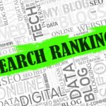 検索順位やSEO関連の英単語が背景に配置され、中央にSEARCH RANKINGと書かれた画像です。