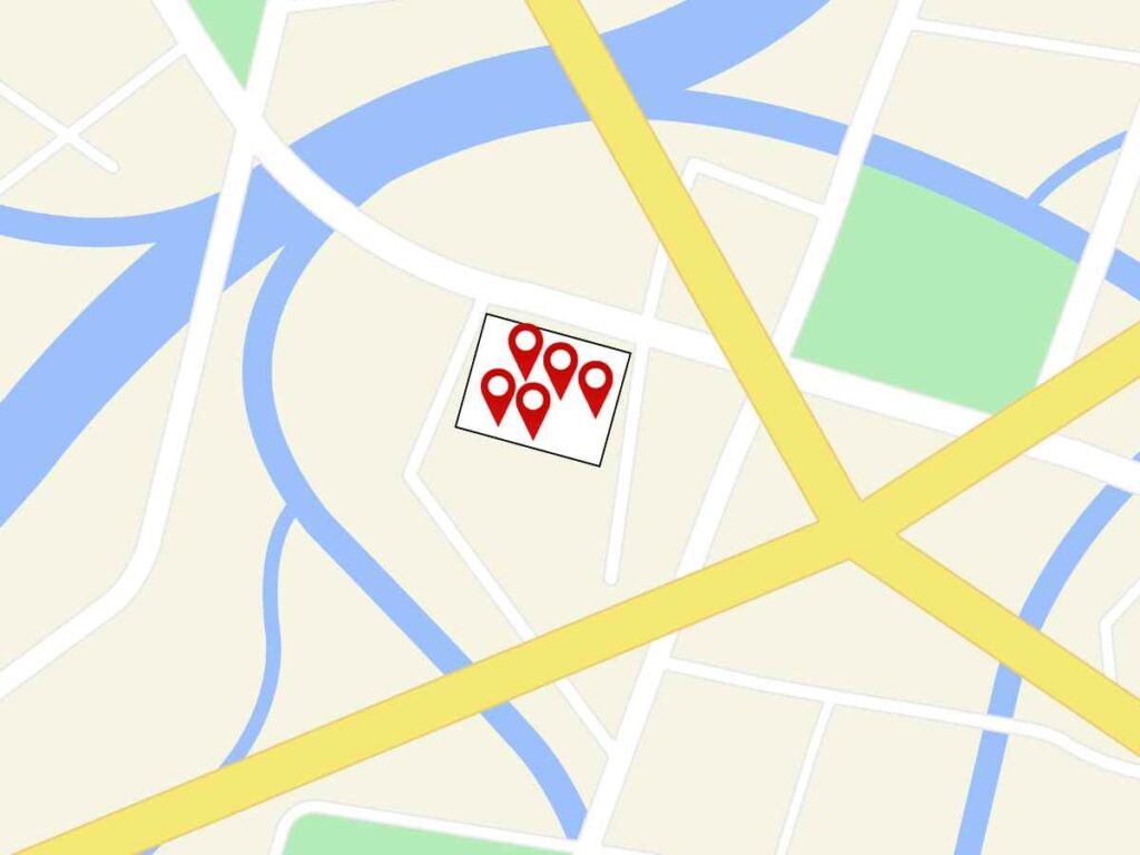 地図上に複数の店舗位置を示すピンが配置されたGoogleマップ風の画面。