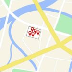 地図上に複数の店舗位置を示すピンが配置されたGoogleマップ風の画面。
