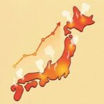 日本地図上に色の濃淡と上昇ラインでサウナ検索動向の広がりを示した図。