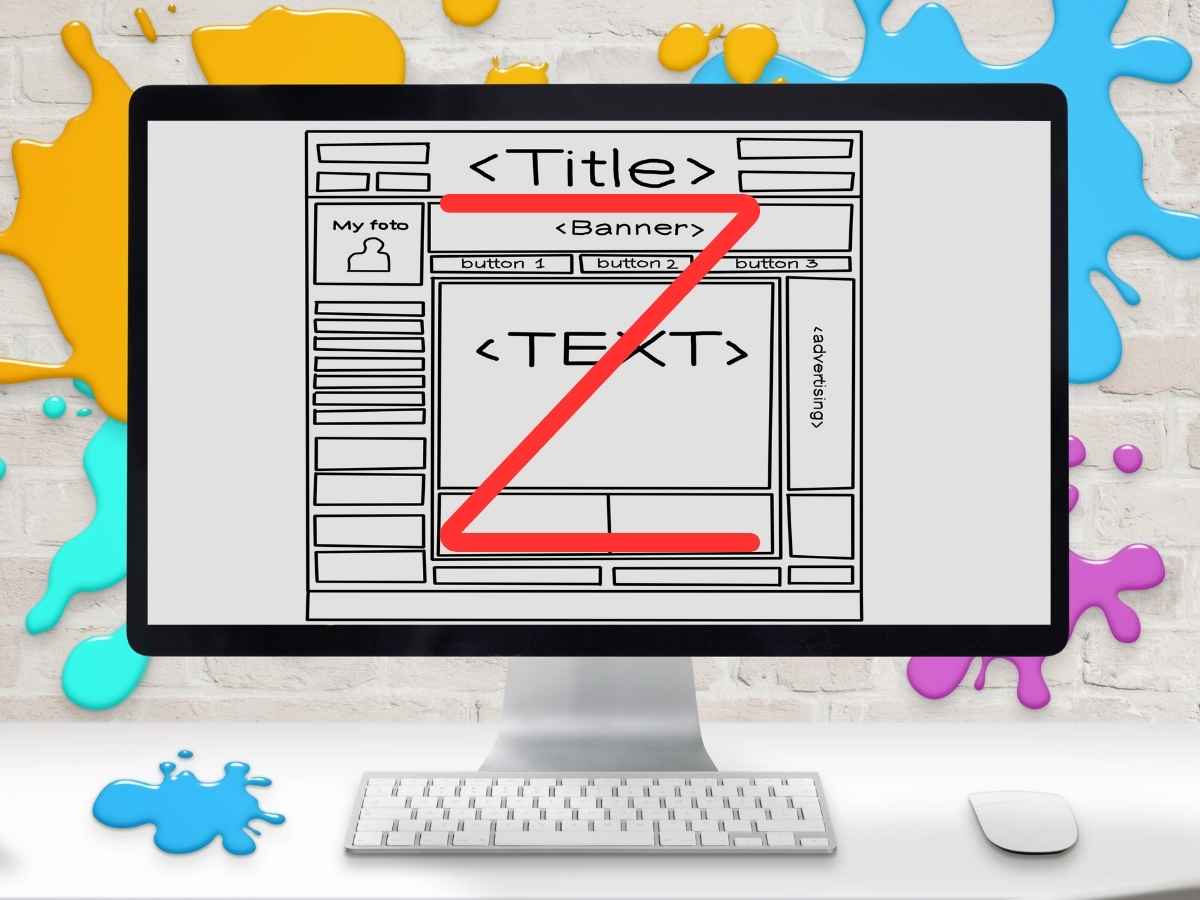 ホームページの画面構成を示すワイヤーフレームとZ字型の視線誘導を描いた図