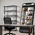 オフィスのデスク横に置かれたスマートフォン画面に複数人がオンライン会議で映っている様子。