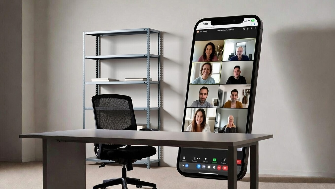 オフィスのデスク横に置かれたスマートフォン画面に複数人がオンライン会議で映っている様子。