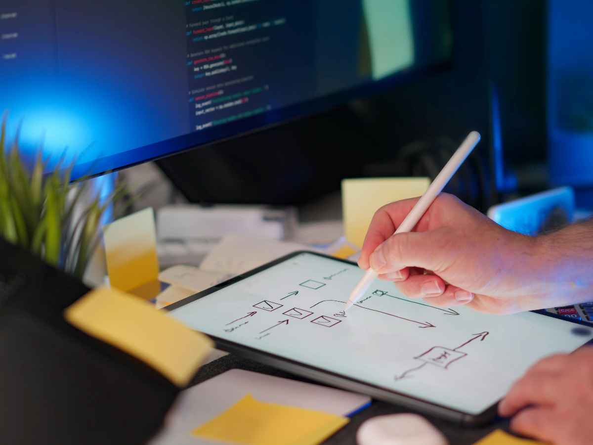 タブレットに表示されたタスク管理の図をスタイラスペンで書き込む様子で、デスク上に付箋とモニターが置かれている。