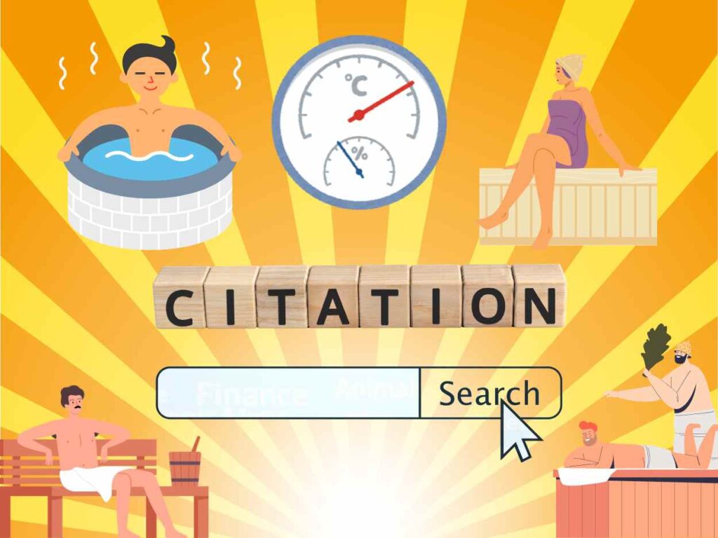 サウナや水風呂を楽しむ人々のイラストと中央に「CITATION」と書かれた積み木、その下に検索バーが表示されています。