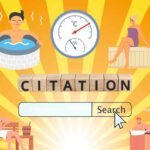 サウナや水風呂を楽しむ人々のイラストと中央に「CITATION」と書かれた積み木、その下に検索バーが表示されています。