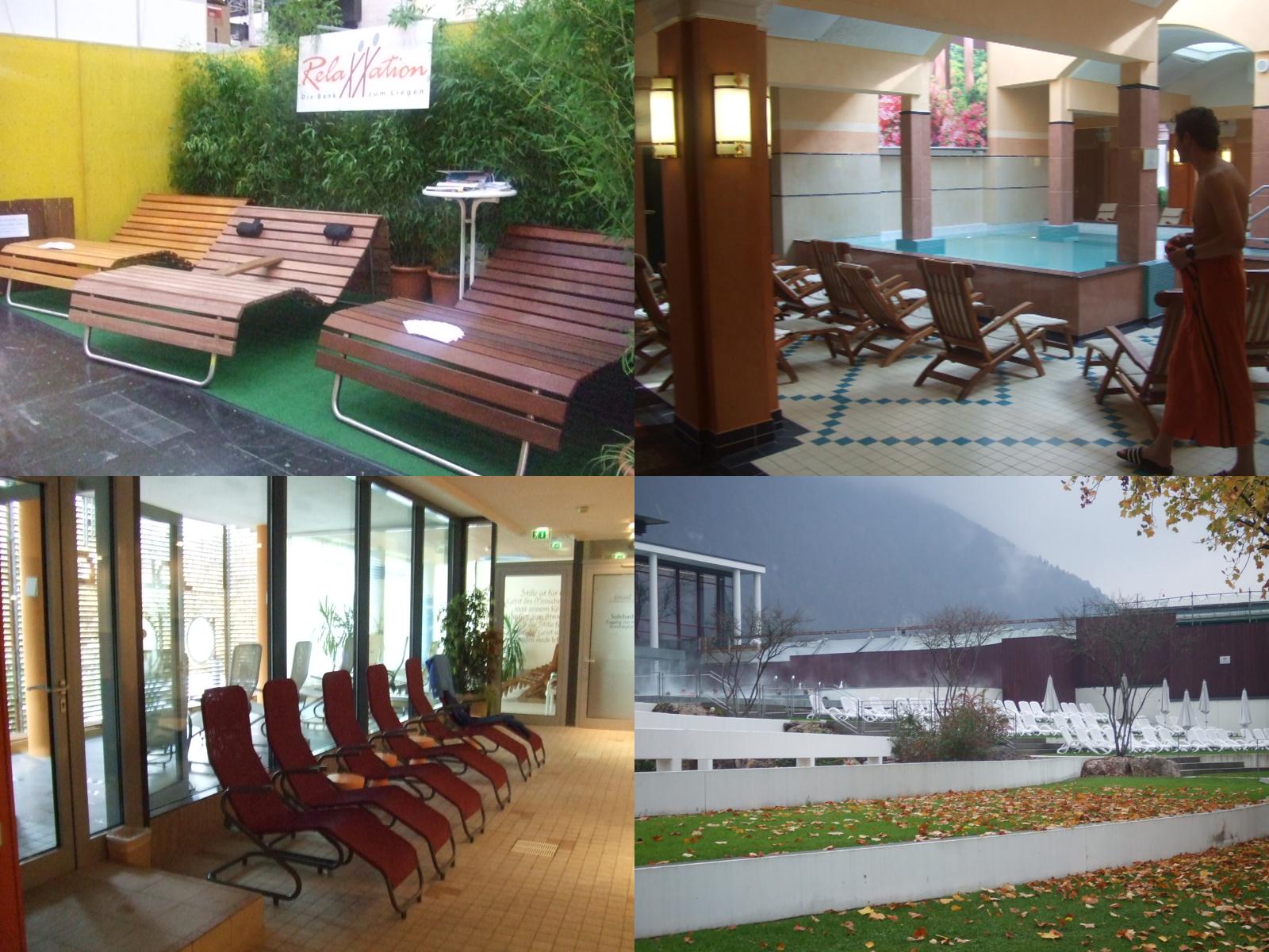 ドイツの温浴施設に設置された木製の椅子や、屋外プールを望むタイル張りの休憩スペース