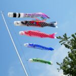 青空を背景に、五色の吹き流しと四匹の鯉のぼりが風にたなびいています。