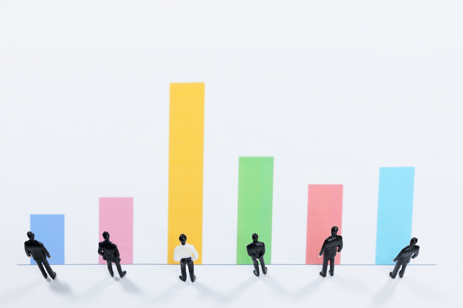 白い背景に整列したビジネスマンのミニチュア人形と、それぞれ異なる高さのカラフルな棒グラフが並んでいます