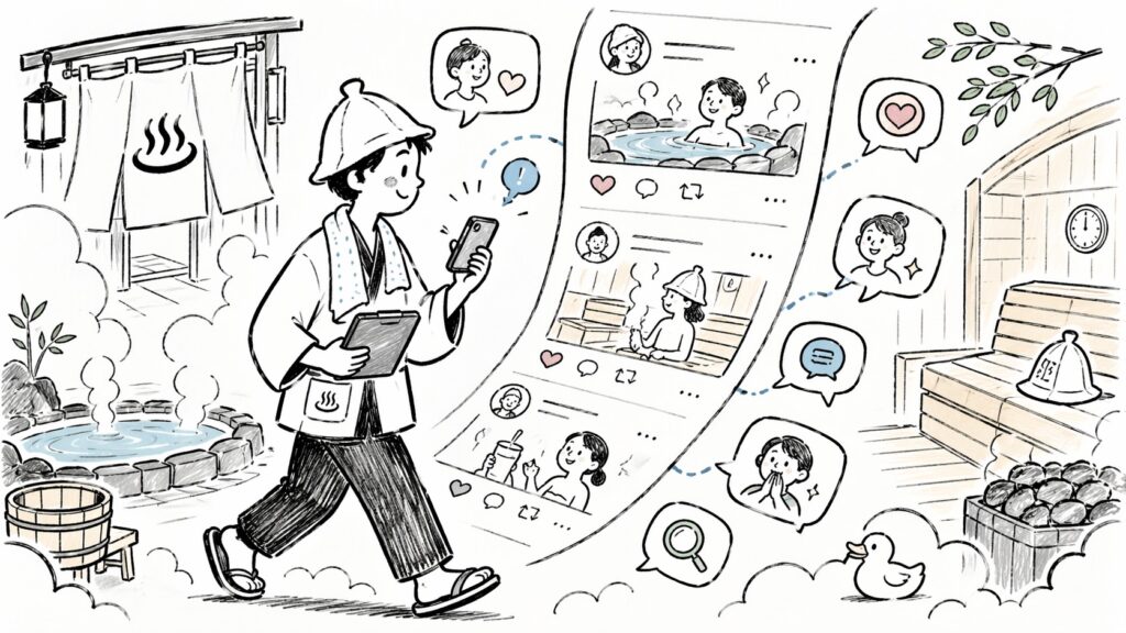 温浴施設のスタッフがスマートフォンを操作し、周囲にSNS運用を連想させる利用者のアイコンや投稿画面が浮かんでいる様子を描いたイラストです。