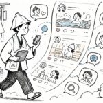 温浴施設のスタッフがスマートフォンを操作し、周囲にSNS運用を連想させる利用者のアイコンや投稿画面が浮かんでいる様子を描いたイラストです。