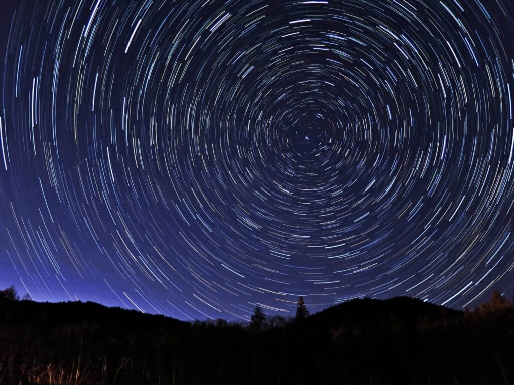 森林のシルエットの上で星の軌跡が円を描く夜空の風景