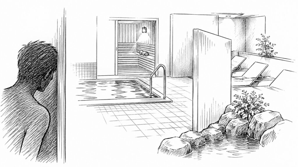 サウナ室や浴槽がある温浴施設のイラストの手前に、壁の陰から様子をうかがう人物が描かれています。
