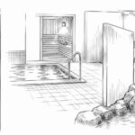サウナ室や浴槽がある温浴施設のイラストの手前に、壁の陰から様子をうかがう人物が描かれています。