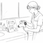 洗面台でドライヤーを拭く女性スタッフと、設置された化粧品や案内用のPOPが描かれています。