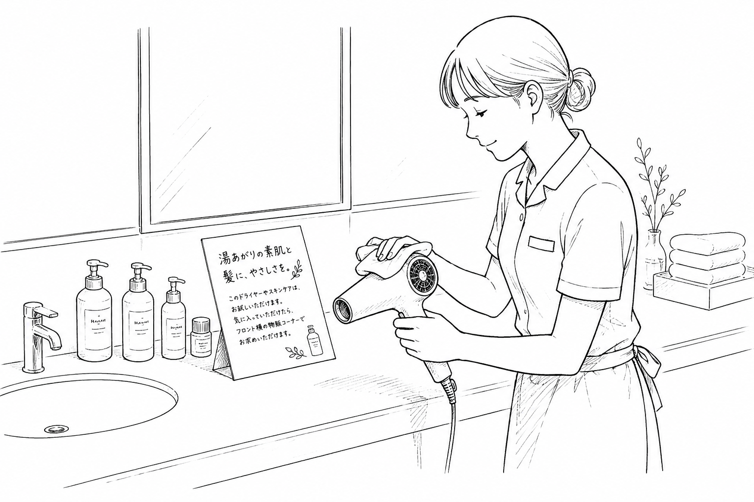 洗面台でドライヤーを拭く女性スタッフと、設置された化粧品や案内用のPOPが描かれています。