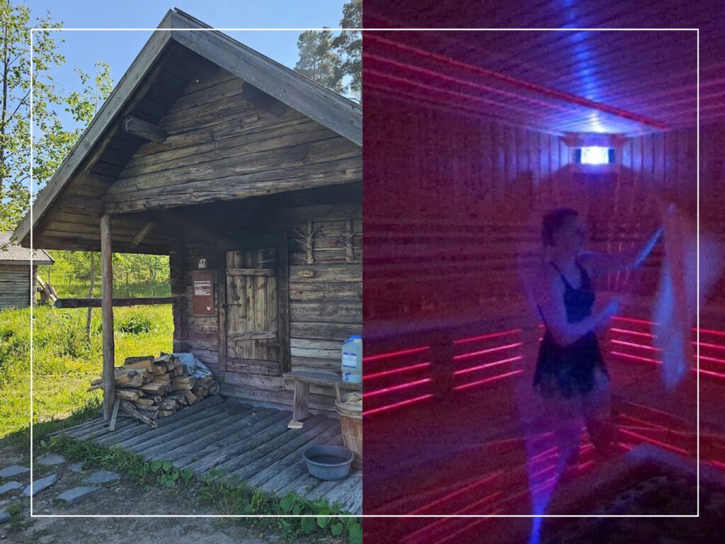 自然の中に佇む木造の伝統的なサウナ小屋の様子と、赤くライトアップされた室内でアウフグースを行う熱波師の様子を左右に並べた合成画像