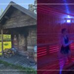 自然の中に佇む木造の伝統的なサウナ小屋の様子と、赤くライトアップされた室内でアウフグースを行う熱波師の様子を左右に並べた合成画像