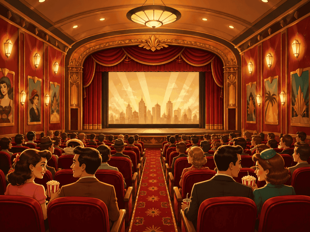 レトロでクラシックな雰囲気の映画館で、多くの観客がスクリーンに向かって席に座っている様子