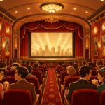 レトロでクラシックな雰囲気の映画館で、多くの観客がスクリーンに向かって席に座っている様子