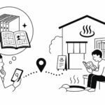 スマートフォンで漫画がある温浴施設を検索し、実際に足を運んで館内で読書をする人々の様子を描いたイラストです。